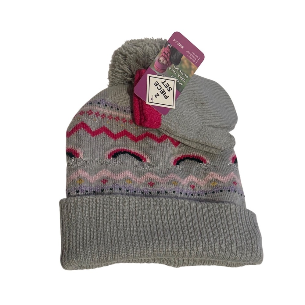 James Paul Girls Grey Fair Isle Knit Hat Mitten 2 Piece Set Toddler Ages 2-4 NWT